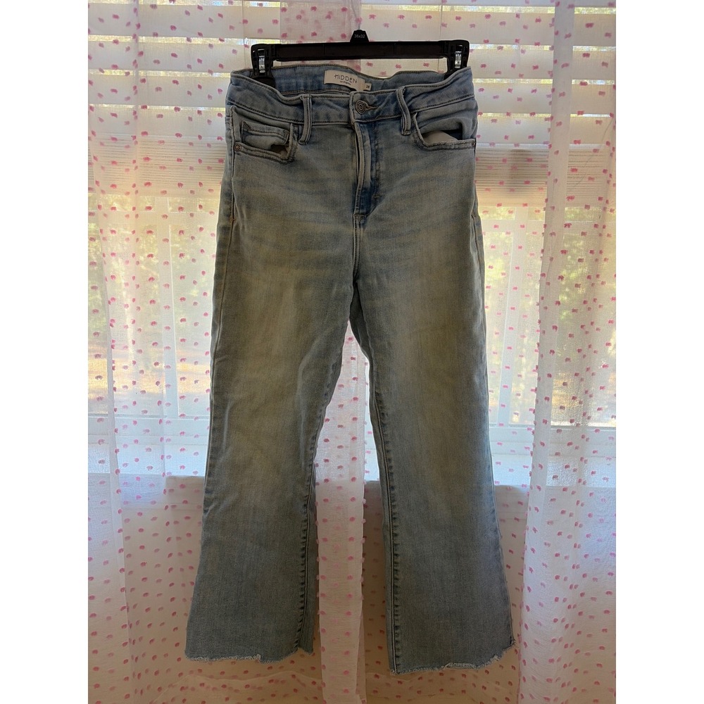 Hidden Los Angeles Light Wash High Waist Raw Hem Cropped Flare Jeans Size 28